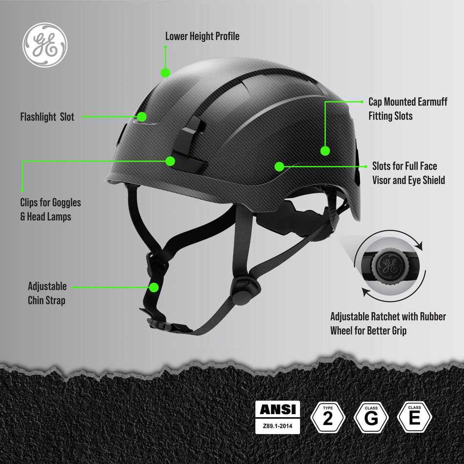 carbon black, Non-Vented | side view with labeled features and specifications | Non-Vented Type 2 Safety Helmet with Koroyd — GE PPE GH501, ANSI Z89.1-2014 Class E & G | GH501CB