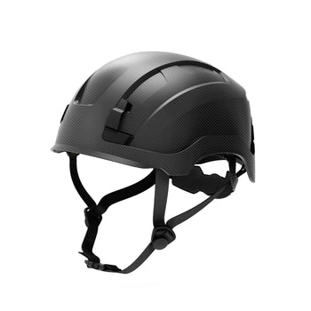 carbon black, Non-Vented | three-quarter view of safety helmet with straps | Non-Vented Type 2 Safety Helmet with Koroyd — GE PPE GH501, ANSI Z89.1-2014 Class E & G | GH501CB