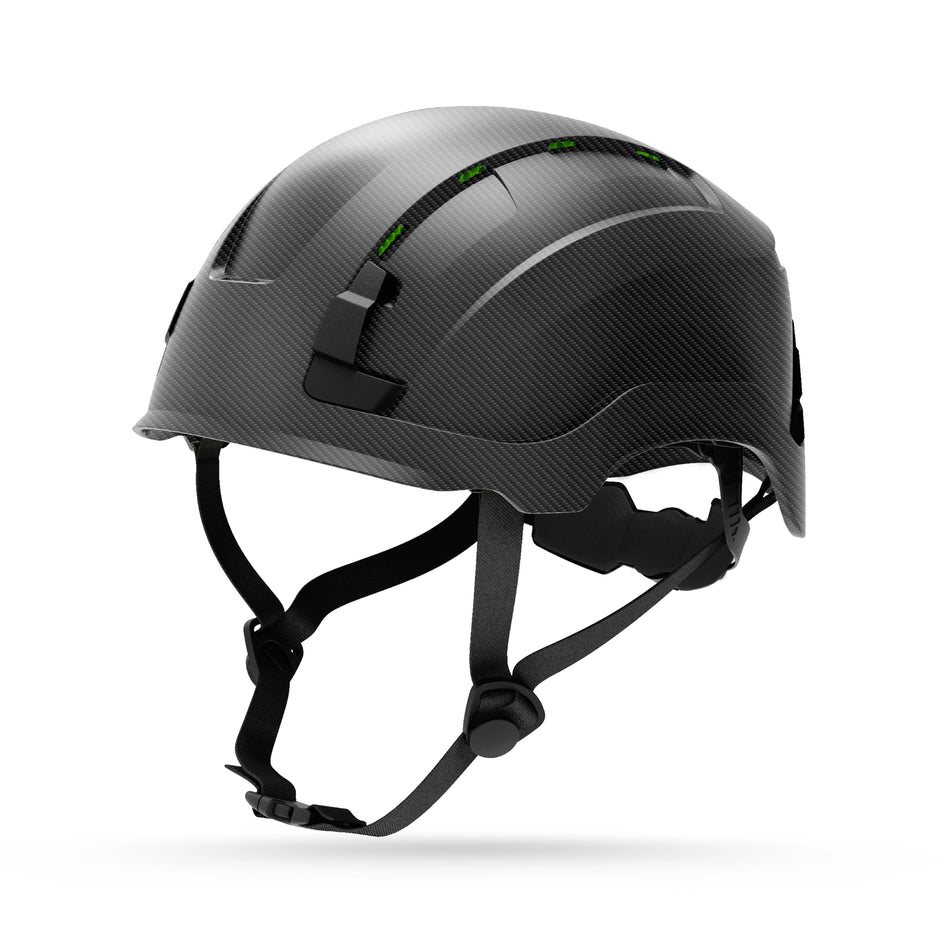 carbon black, Non-Vented | three-quarter view of safety helmet with straps | Non-Vented Type 2 Safety Helmet with Koroyd — GE PPE GH501, ANSI Z89.1-2014 Class E & G | GH501CB