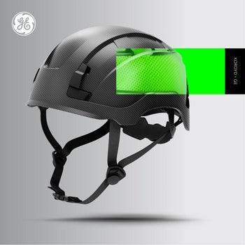 carbon black, Non-Vented | three-quarter view with green safety mesh | Non-Vented Type 2 Safety Helmet with Koroyd — GE PPE GH501, ANSI Z89.1-2014 Class E & G | GH501CB