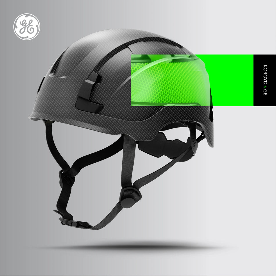 carbon black, Non-Vented | three-quarter view with green safety mesh | Non-Vented Type 2 Safety Helmet with Koroyd — GE PPE GH501, ANSI Z89.1-2014 Class E & G | GH501CB