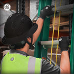 carbon black | model wearing hard hat in construction environment | Vented Full Brim Hard Hat — GE PPE GH328, ANSI Z89.1-2014 Type 1 Class C | GH328CB