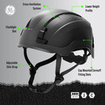 carbon black, Vented | side angle view with labeled features | Vented Type 2 Safety Helmet with Koroyd — GE PPE GH500, ANSI Z89.1 Class C | GH500CB