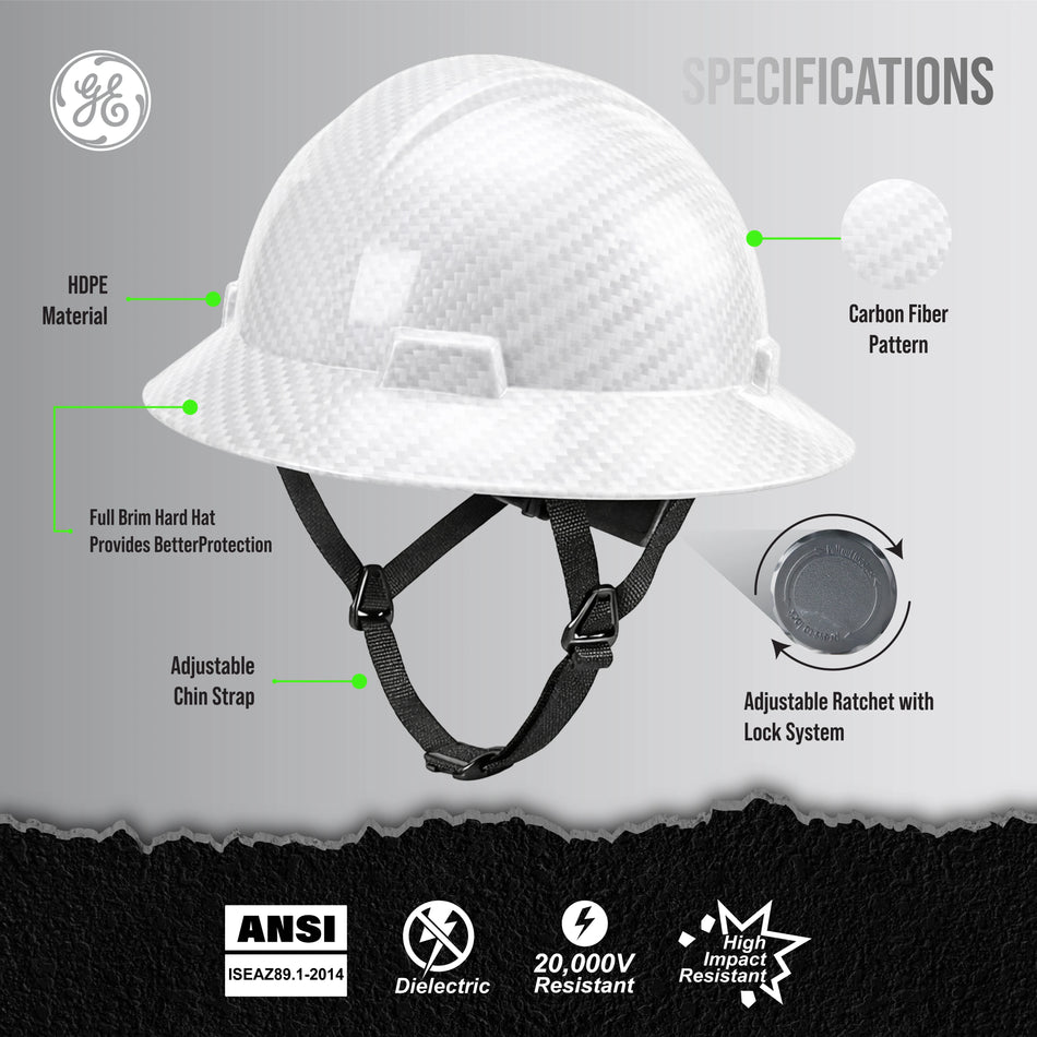 carbon white | front view with specifications labeled | Full Brim Hard Hat — GE PPE GH329, ANSI Z89.1-2014 Type 1 Class E Dielectric | GH329CW