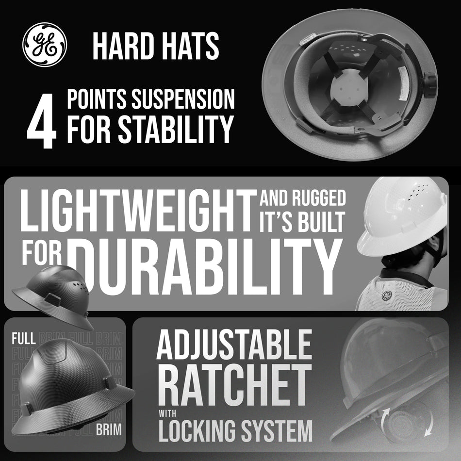 carbon white | overhead view showing suspension system | Full Brim Hard Hat — GE PPE GH329, ANSI Z89.1-2014 Type 1 Class E Dielectric | GH329CW
