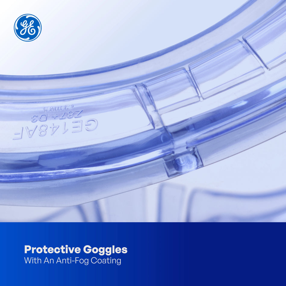 clear anti-fog | close-up of curved protective eyewear tubing | Anti-Fog Safety Goggles — GE PPE GE148CAF, Clear Lens | GE148CAF