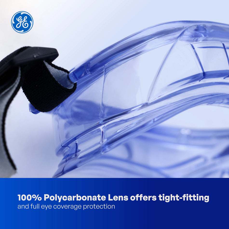 clear anti-fog | close-up of lens and strap detail | Anti-Fog Safety Goggles — GE PPE GE148CAF, Clear Lens | GE148CAF