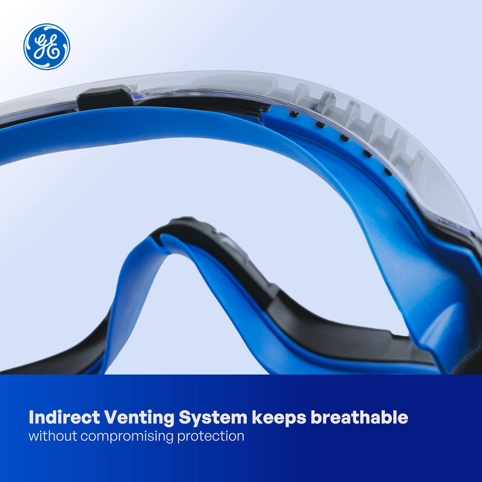clear anti-fog, Indirect | close-up of ventilation system detail | Anti-Fog Professional Safety Goggles — GE PPE GE149CAF, Clear Lens | GE149CAF