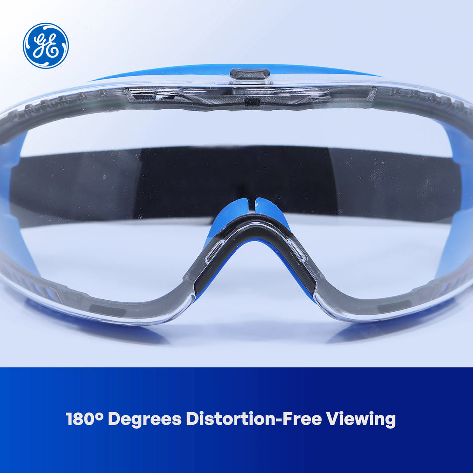 clear anti-fog, Indirect | front view showing wide lens design | Anti-Fog Professional Safety Goggles — GE PPE GE149CAF, Clear Lens | GE149CAF