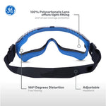 clear anti-fog, Indirect | front view with feature callouts labeled | Anti-Fog Professional Safety Goggles — GE PPE GE149CAF, Clear Lens | GE149CAF