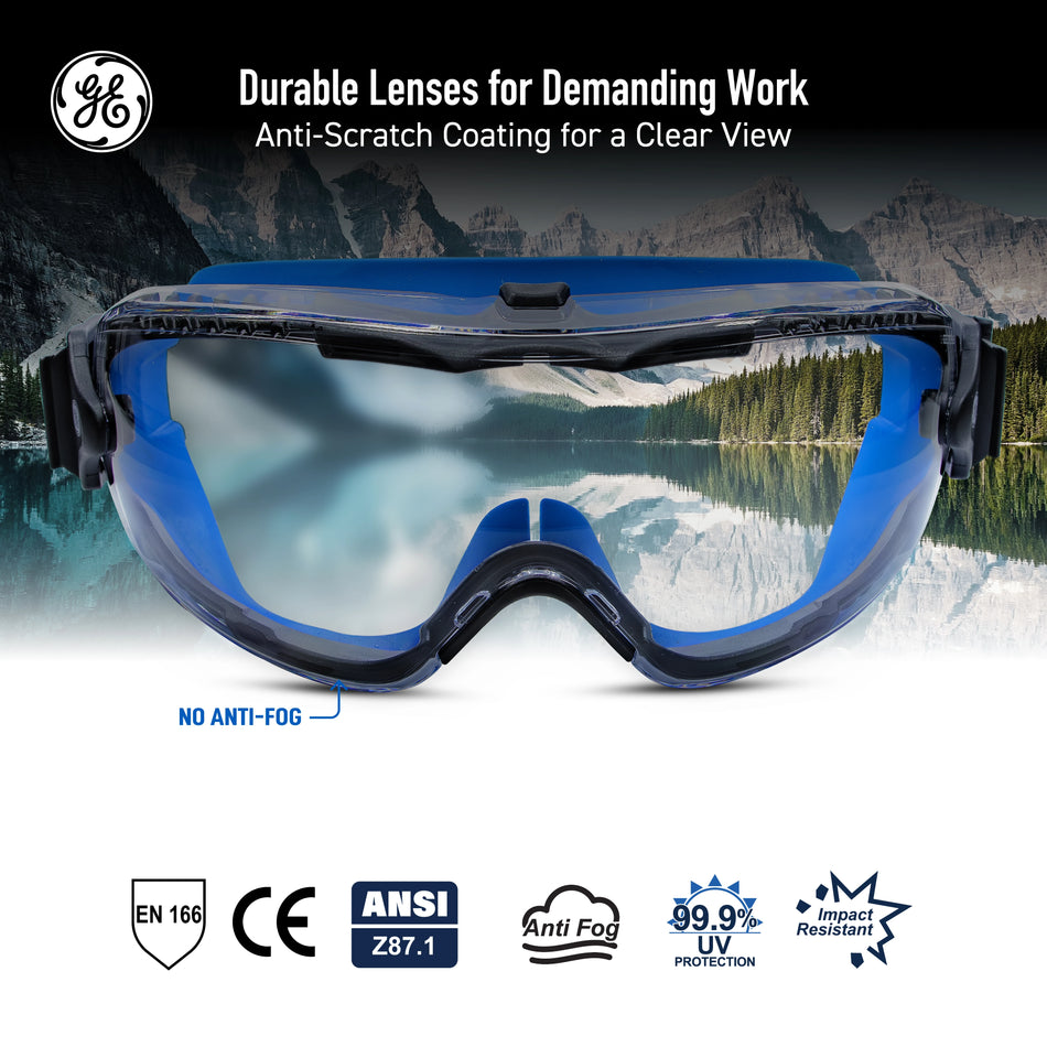 clear anti-fog, Indirect | front view with mountain landscape reflection | Anti-Fog Professional Safety Goggles — GE PPE GE149CAF, Clear Lens | GE149CAF