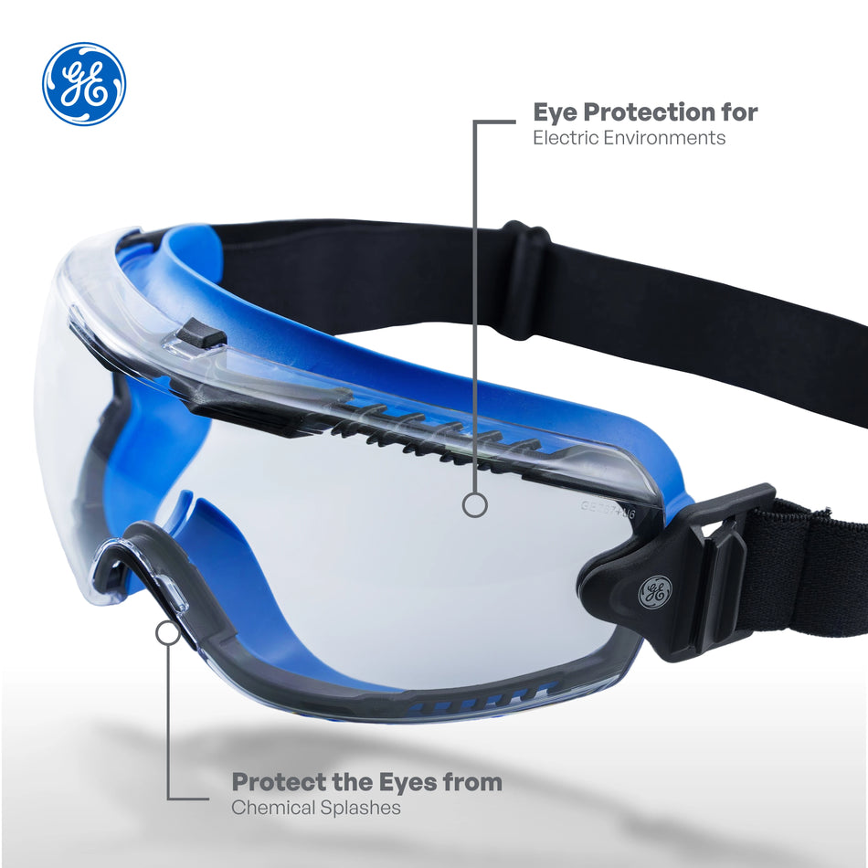 clear anti-fog, Indirect | three-quarter angled view with features labeled | Anti-Fog Professional Safety Goggles — GE PPE GE149CAF, Clear Lens | GE149CAF