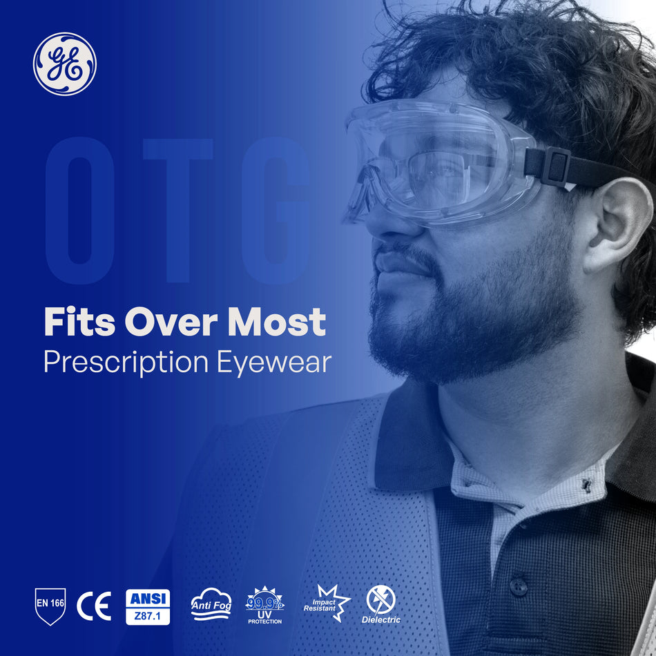 clear anti-fog | model wearing safety goggles side profile | Anti-Fog Safety Goggles — GE PPE GE148CAF, Clear Lens | GE148CAF