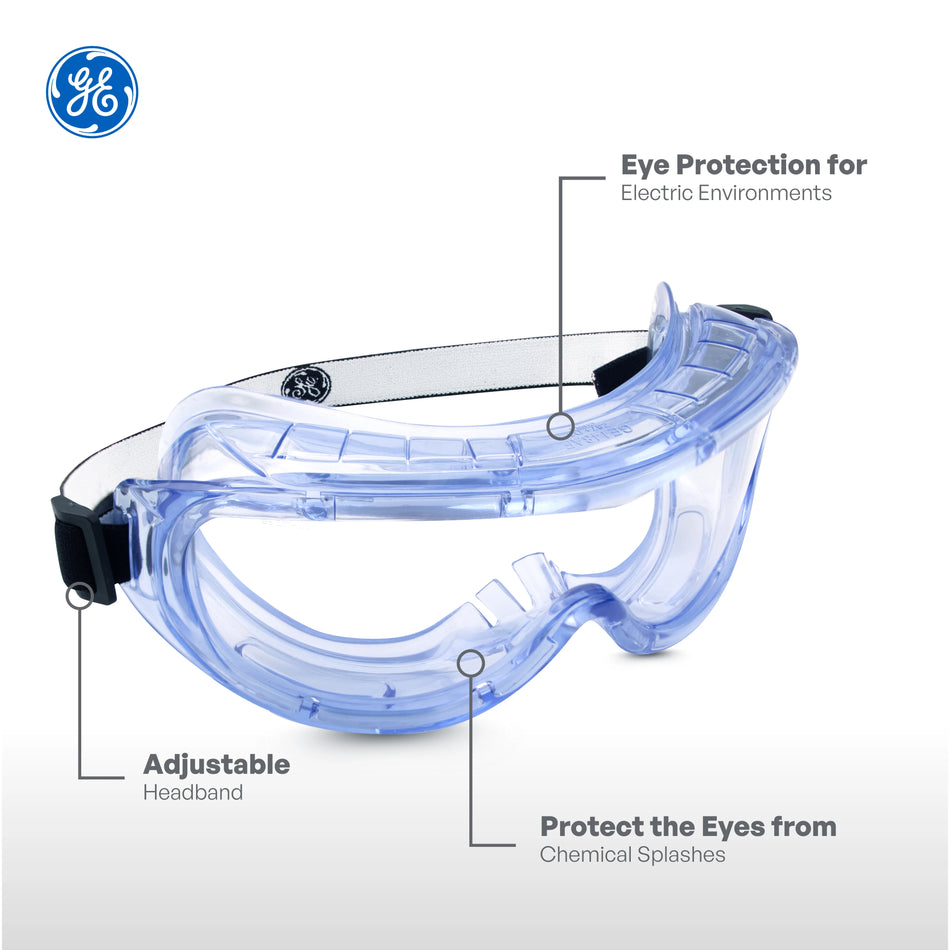 clear anti-fog | three-quarter view with feature callouts | Anti-Fog Safety Goggles — GE PPE GE148CAF, Clear Lens | GE148CAF