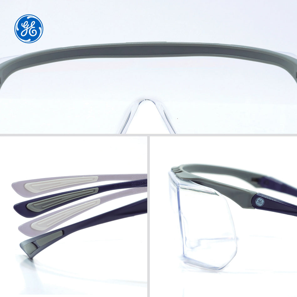 clear anti-scratch | top view with multiple angle details | Over-Prescription OTG Safety Glasses — GE PPE 12 Series, Dielectric, ANSI Z87.1 | GE112C