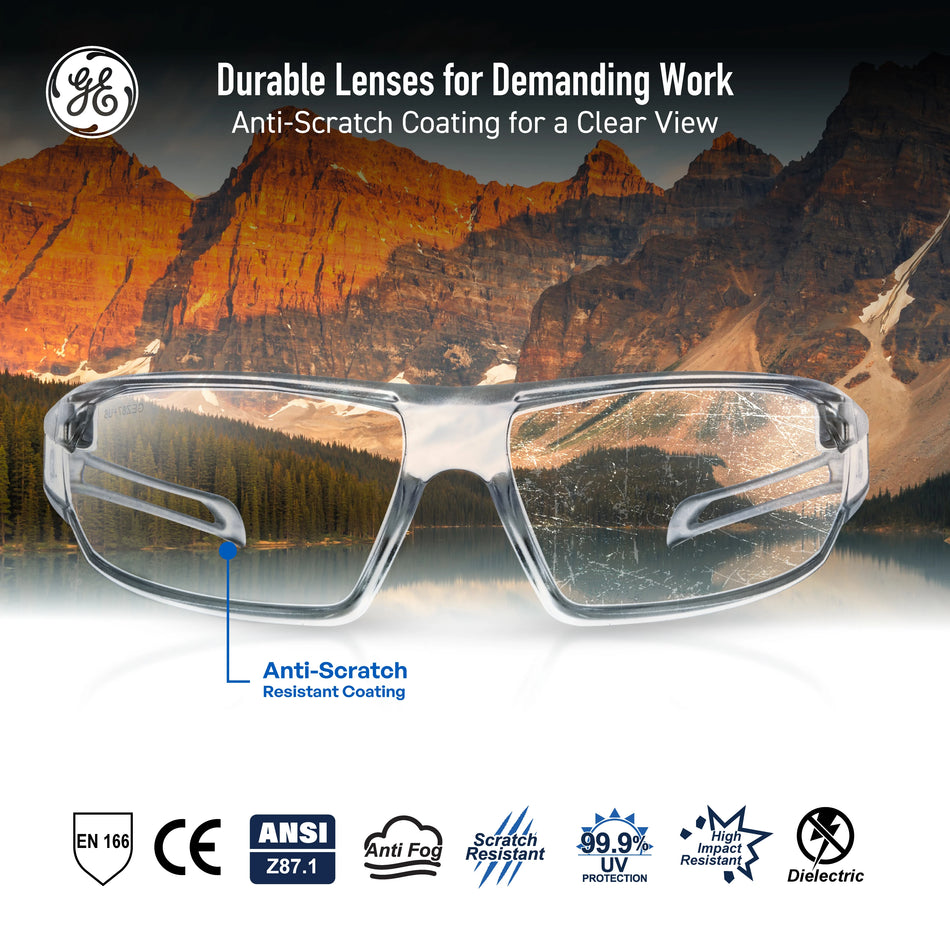 clear, Clear Anti-Fog | front view with mountain landscape background | Frameless Safety Glasses — GE PPE 14 Series, ANSI Z87.1 | GE114CAF