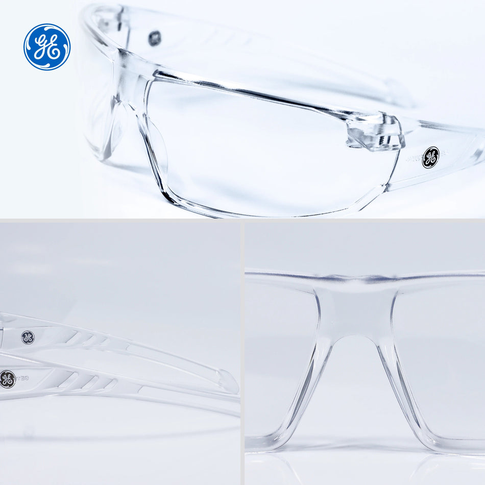 clear, Clear Anti-Fog | multiple angles showing clear lens design | Frameless Safety Glasses — GE PPE 14 Series, ANSI Z87.1 | GE114CAF