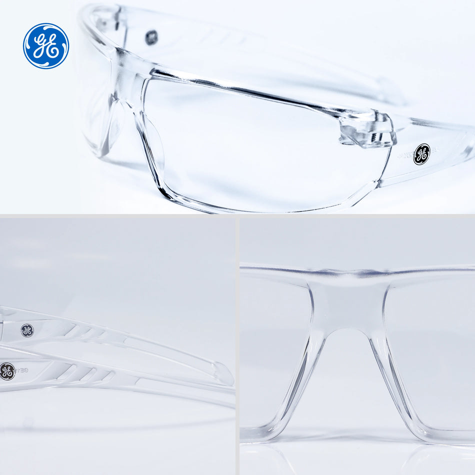 clear, Clear Anti-Scratch | multiple angles showing clear lens design | Frameless Safety Glasses — GE PPE 14 Series, ANSI Z87.1 | GE114C