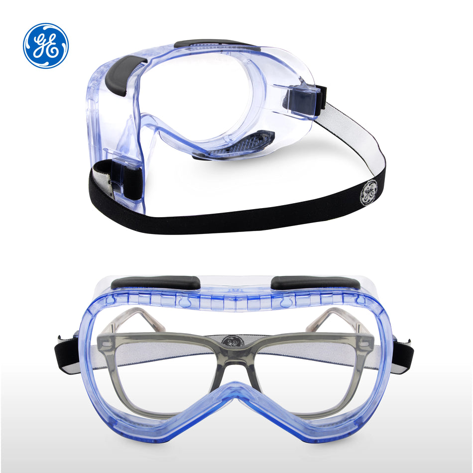 clear, Indirect | angled perspective with front and front-view details | Clear-Lens Safety Goggles — GE PPE GE147C, Protective Eyewear | GE147C