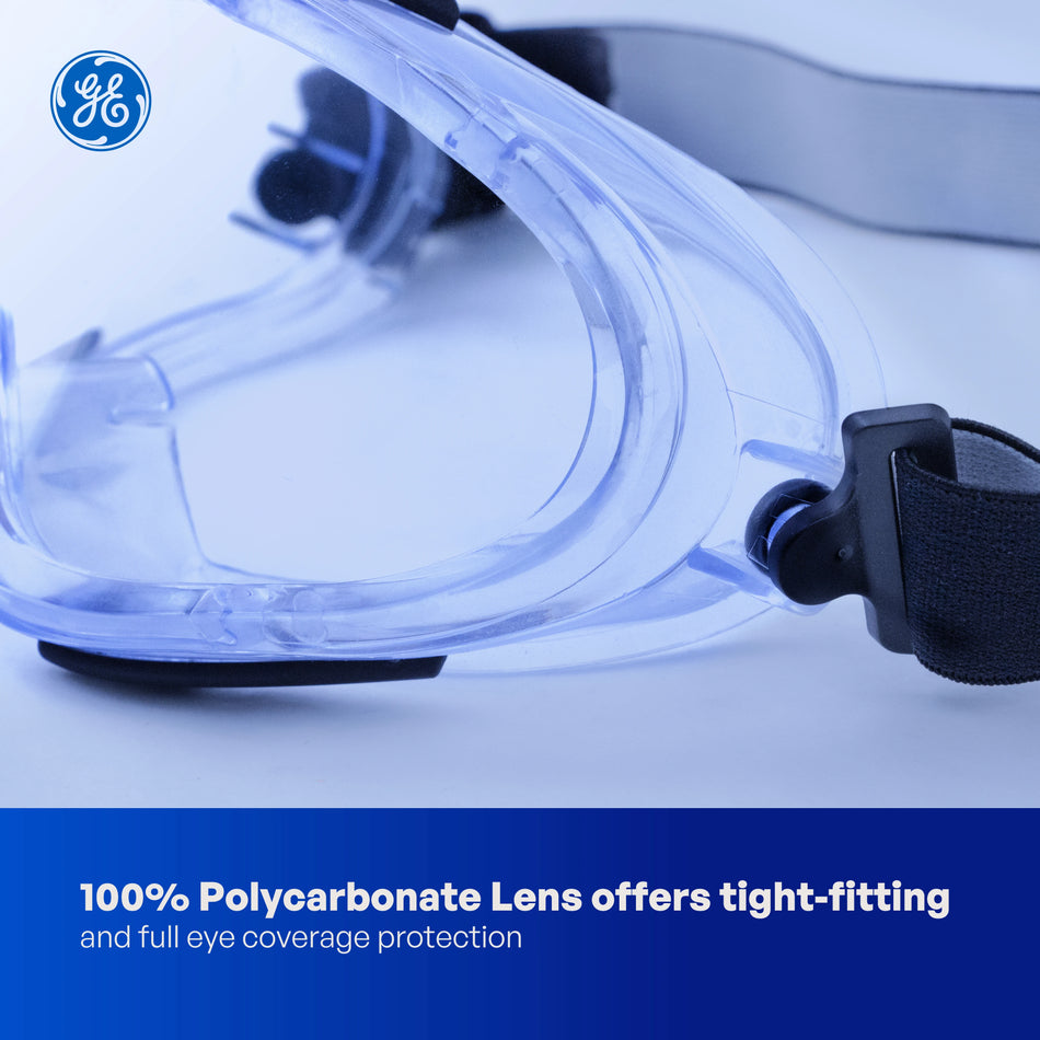 clear, Indirect | close-up of curved lens with strap | Indirect-Vent Safety Goggles — GE PPE GE146C, Clear Lens | GE146C