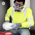 clear, Indirect | model wearing goggles with safety equipment | Indirect-Vent Safety Goggles — GE PPE GE146C, Clear Lens | GE146C