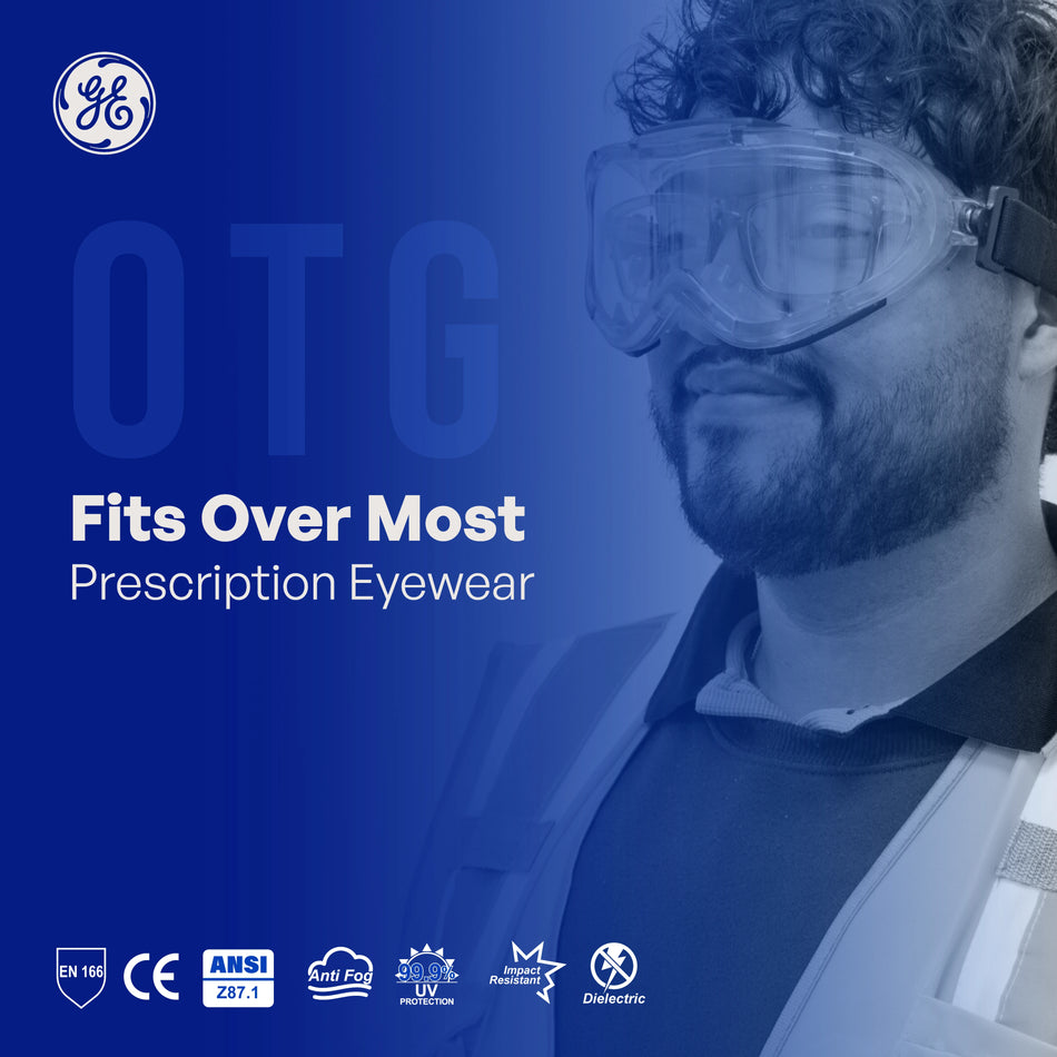 clear, Indirect | model wearing safety goggles side profile | Indirect-Vent Safety Goggles — GE PPE GE146C, Clear Lens | GE146C