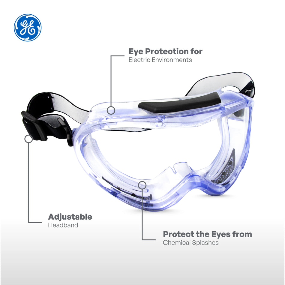 clear, Indirect | three-quarter view with labeled features highlighted | Indirect-Vent Safety Goggles — GE PPE GE146C, Clear Lens | GE146C