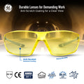 gray, Amber Anti-Fog | front view in industrial tunnel setting | Frameless Safety Glasses — GE PPE 03 Series, ANSI Z87.1 | GE203AAF