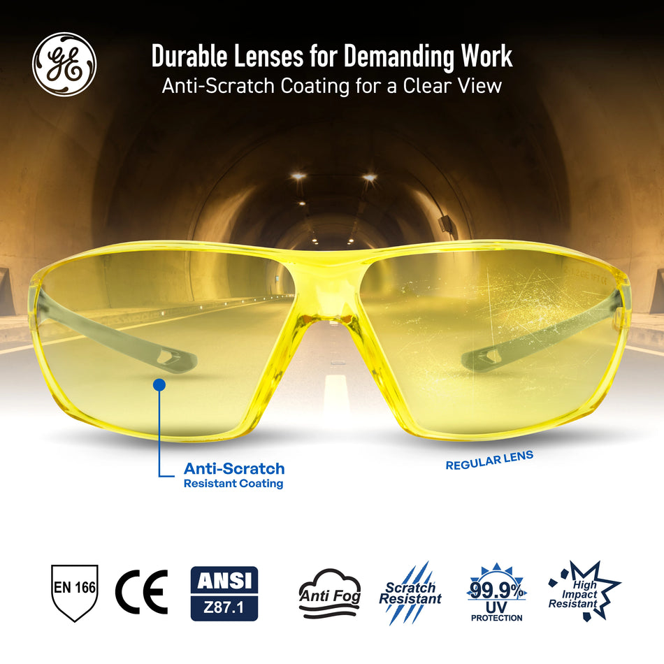 gray, Amber Anti-Fog | front view in industrial tunnel setting | Frameless Safety Glasses — GE PPE 03 Series, ANSI Z87.1 | GE203AAF