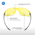 gray, Amber Anti-Fog | front view with labeled features highlighted | Frameless Safety Glasses — GE PPE 03 Series, ANSI Z87.1 | GE203AAF