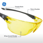 gray, Amber Anti-Fog | angled three-quarter view with labeled features | Frameless Safety Glasses — GE PPE 03 Series, ANSI Z87.1 | GE203AAF