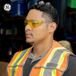gray, Amber Anti-Fog | model wearing frameless safety glasses profile | Frameless Safety Glasses — GE PPE 03 Series, ANSI Z87.1 | GE203AAF