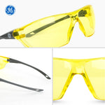 gray, Amber Anti-Fog | three-angle view of protective eyewear | Frameless Safety Glasses — GE PPE 03 Series, ANSI Z87.1 | GE203AAF