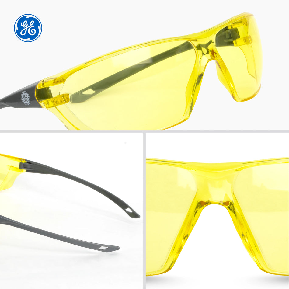 gray, Amber Anti-Fog | three-angle view of protective eyewear | Frameless Safety Glasses — GE PPE 03 Series, ANSI Z87.1 | GE203AAF