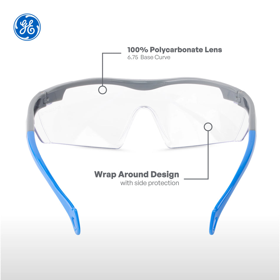 gray/blue, Clear Anti-Fog | front view with feature callouts labeled | Wrap-Around Safety Glasses — GE PPE 01 Series, ANSI Z87.1 | GE101CAF