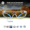 gray/blue, Clear Anti-Fog | front view with outdoor background reflection | Wrap-Around Safety Glasses — GE PPE 01 Series, ANSI Z87.1 | GE101CAF