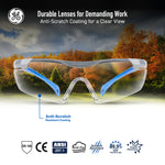 gray/blue, Clear Anti-Fog | front view with outdoor background reflection | Wrap-Around Safety Glasses — GE PPE 01 Series, ANSI Z87.1 | GE101CAF
