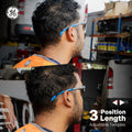 gray/blue, Clear Anti-Scratch | model wearing safety glasses side view | Wrap-Around Safety Glasses — GE PPE 01 Series, ANSI Z87.1 | GE101C
