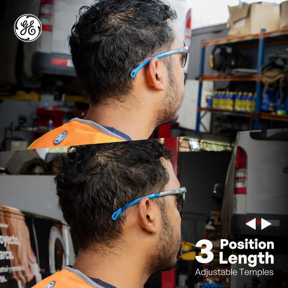 gray/blue, Clear Anti-Fog | model wearing safety glasses side view | Wrap-Around Safety Glasses — GE PPE 01 Series, ANSI Z87.1 | GE101CAF