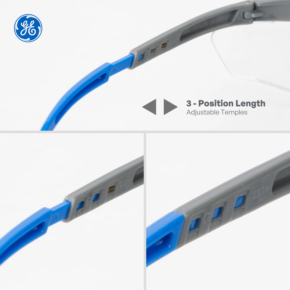 gray/blue, Clear Anti-Scratch | adjustable temple positions close-up detail | Wrap-Around Safety Glasses — GE PPE 01 Series, ANSI Z87.1 | GE101C