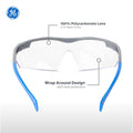 gray/blue, Clear Anti-Scratch | front view with annotated features | Wrap-Around Safety Glasses — GE PPE 01 Series, ANSI Z87.1 | GE101C