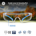 gray/blue, Clear Anti-Scratch | front view with outdoor landscape backdrop | Wrap-Around Safety Glasses — GE PPE 01 Series, ANSI Z87.1 | GE101C
