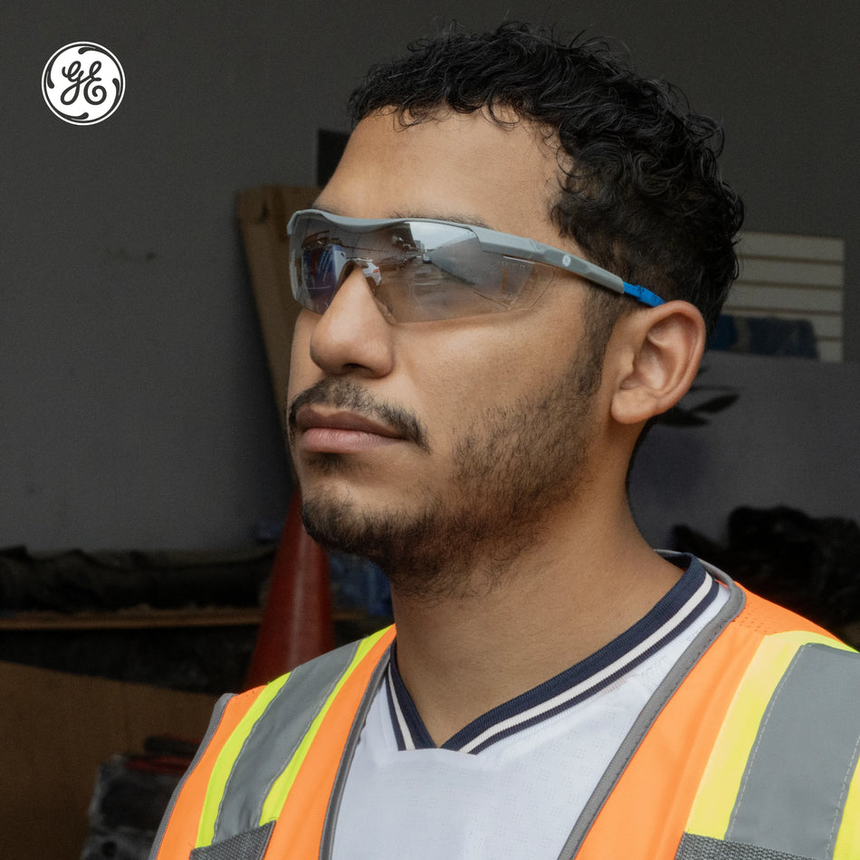 gray/blue, I/O Mirror Anti-Fog | model wearing safety glasses in profile | Wrap-Around Safety Glasses — GE PPE 01 Series, ANSI Z87.1 | GE101MAF