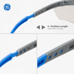 gray/blue, I/O Mirror Anti-Fog | side view showing adjustable temple positions | Wrap-Around Safety Glasses — GE PPE 01 Series, ANSI Z87.1 | GE101MAF