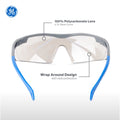 gray/blue, I/O Mirror Anti-Fog | front view with annotated features labeled | Wrap-Around Safety Glasses — GE PPE 01 Series, ANSI Z87.1 | GE101MAF