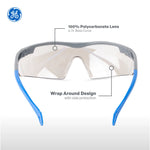 gray/blue, I/O Mirror Anti-Fog | front view with annotated features labeled | Wrap-Around Safety Glasses — GE PPE 01 Series, ANSI Z87.1 | GE101MAF