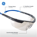 gray/blue, I/O Mirror Anti-Fog | angled view showcasing key features labeled | Wrap-Around Safety Glasses — GE PPE 01 Series, ANSI Z87.1 | GE101MAF