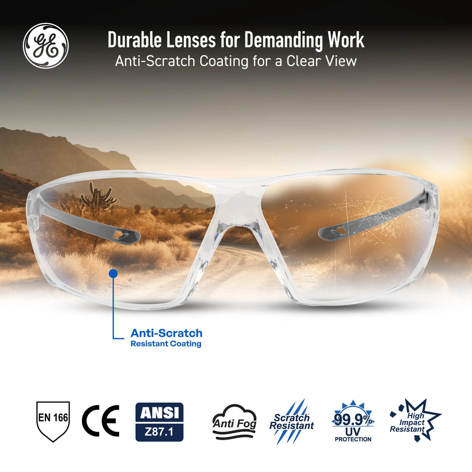 gray, Clear Anti-Fog | Frameless Safety Glasses — GE PPE 03 Series, ANSI Z87.1 | GE203CAF
