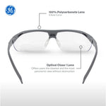 gray, Clear Anti-Fog | front view with feature callouts | Wrap-Around Half-Frame Safety Glasses — GE PPE 08 Series, Anti-Fog, ANSI Z87.1 | GE308CAF