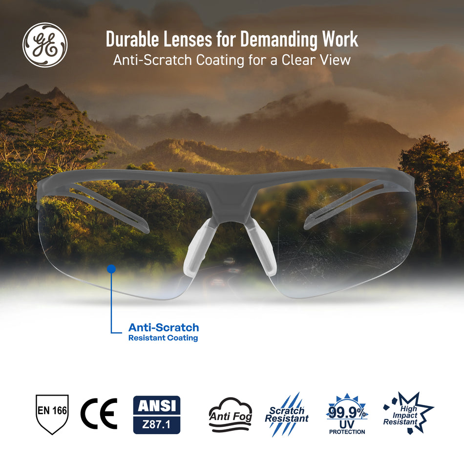 gray, Clear Anti-Fog | front view with mountain landscape background | Wrap-Around Half-Frame Safety Glasses — GE PPE 08 Series, Anti-Fog, ANSI Z87.1 | GE308CAF